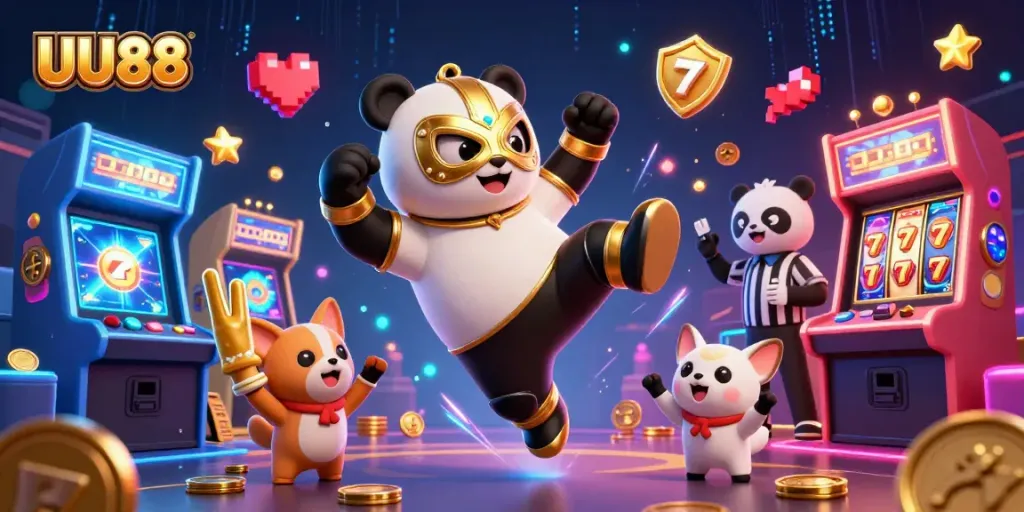 Experience thrilling gameplay with UU88, featuring a panda wrestler and a referee in a vibrant casino scene.
