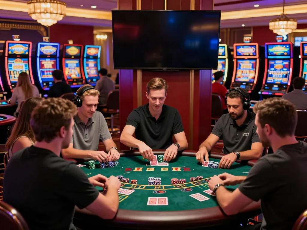 Casino not on gamestop players enjoying a lively blackjack table in a vibrant setting.