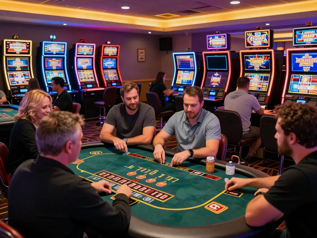 Casino not on GamStop featuring diverse players enjoying gaming tables and slots amidst vibrant LED lighting.