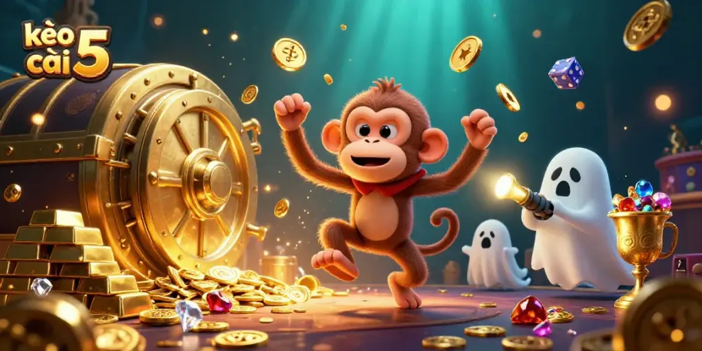 Engage with kèo nhà cái 5 featuring a playful poltergeist monkey juggling gold as a ghost-hunter puppy tracks the fun in a vibrant casino scene.