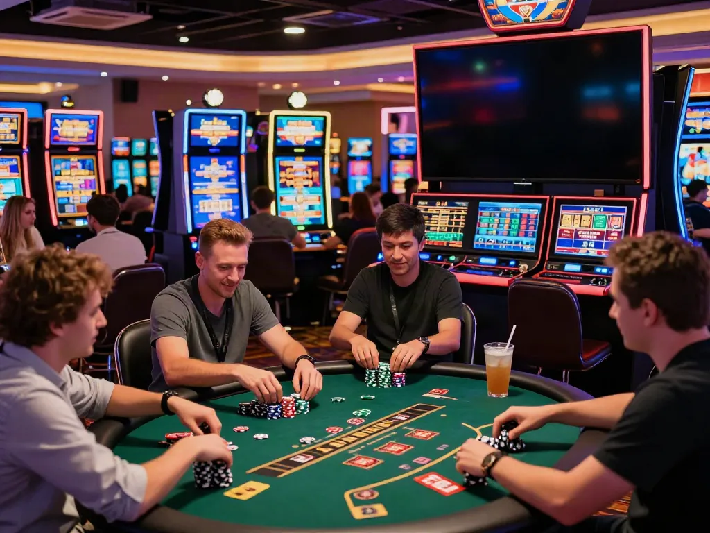 Diverse players enjoying the excitement of a casino not on gamestop with vibrant lights and engaging games.