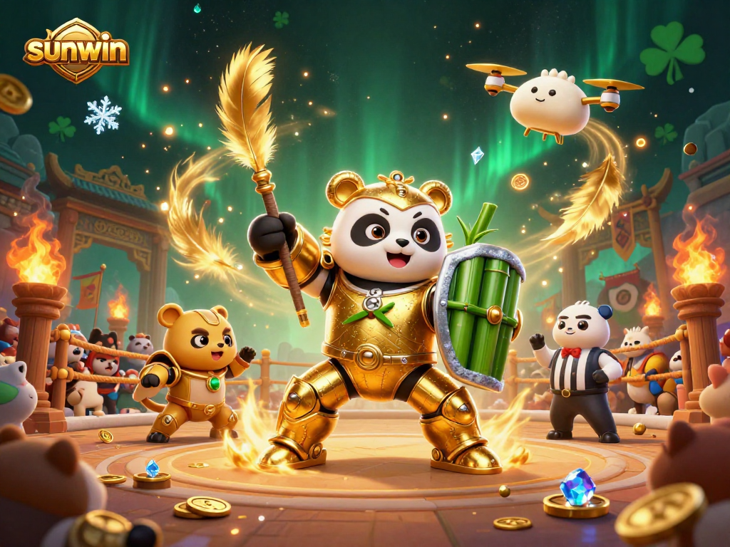 Join the action at sunwin with a dazzling mech-suit panda amidst a vibrant casino arena.