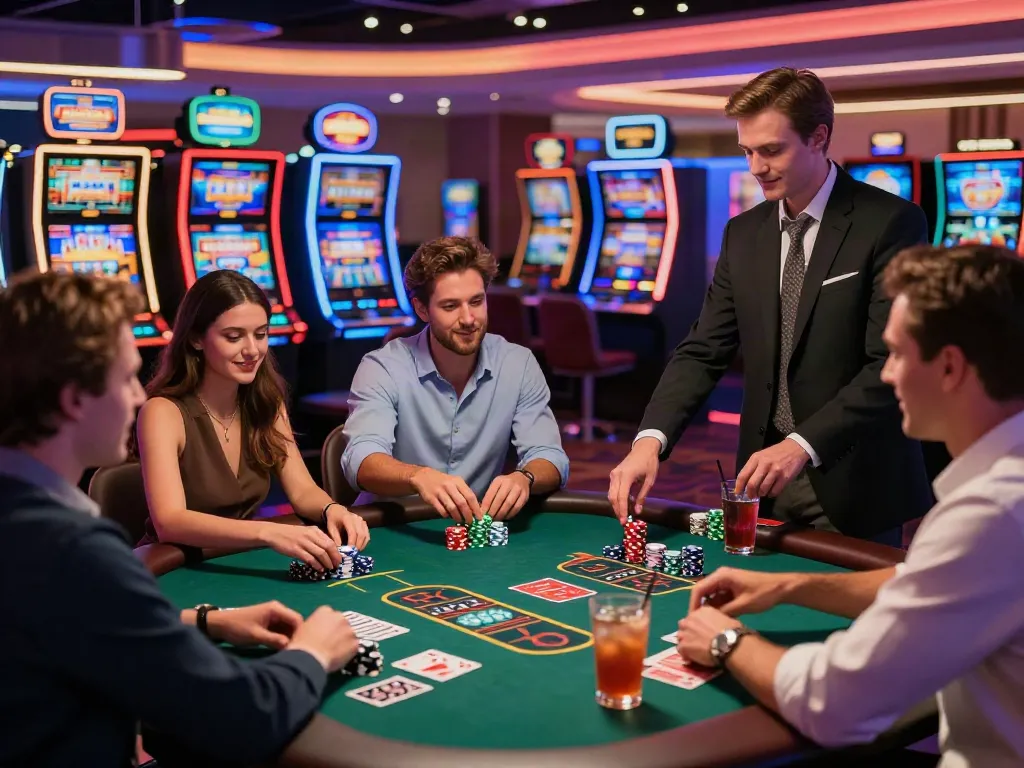 Friends joyfully playing at a casino not on Gamstop, highlighting excitement and a vibrant atmosphere.