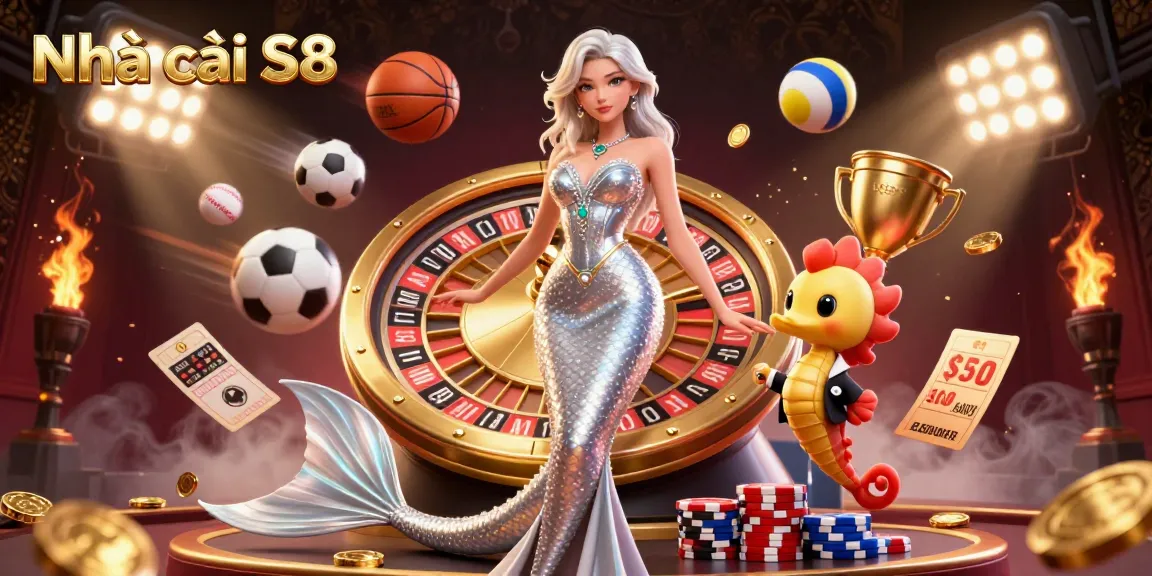 Experience thrilling gameplay at Nhà cái S8 with a vibrant 3D casino illustration featuring engaging elements of excitement.