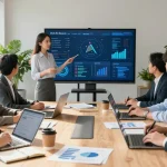 Team collaborating in an office on AI for business strategy, showcasing modern analytics and teamwork.