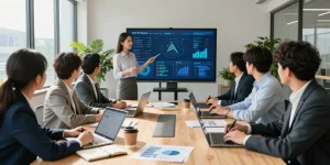 Team collaborating in an office on AI for business strategy, showcasing modern analytics and teamwork.
