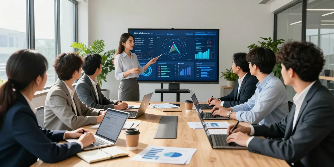Team collaborating in an office on AI for business strategy, showcasing modern analytics and teamwork.