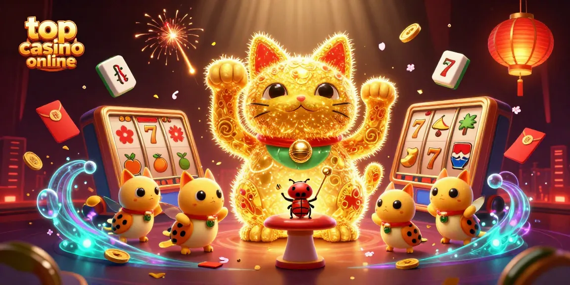 Joacă-te la top casino online cu sloturi captivante și simboluri norocoase într-o scenă vibrantă.