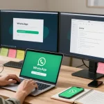 Downloading WhatsApp on a laptop with a cozy workspace setup, illustrating the WhatsApp下載 process.