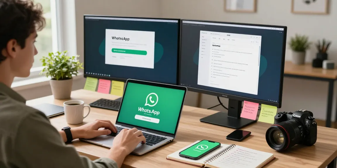 Downloading WhatsApp on a laptop with a cozy workspace setup, illustrating the WhatsApp下載 process.
