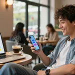A young adult engaging with the ai 18+ chatbot in a vibrant coffee shop, highlighting interactive digital experiences.