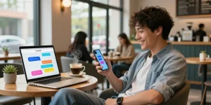 A young adult engaging with the ai 18+ chatbot in a vibrant coffee shop, highlighting interactive digital experiences.