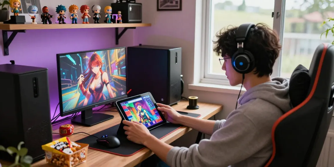 Player immersed in an online hentai game on a tablet in a cozy gaming nook.