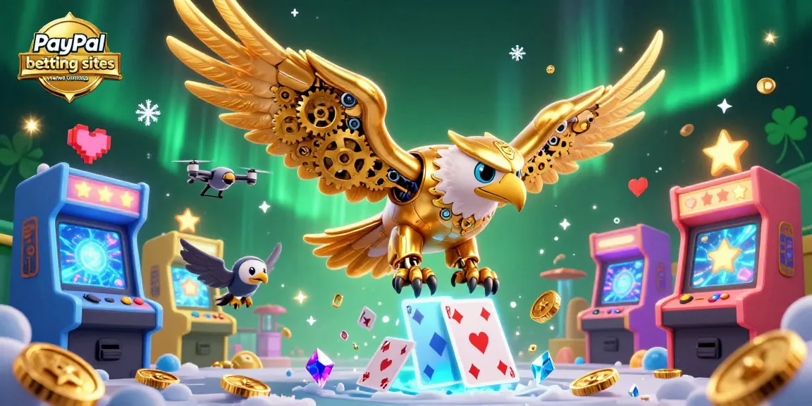 Engage with PayPal betting sites not on GamStop featuring a cybernetic golden eagle amidst vibrant casino game elements.