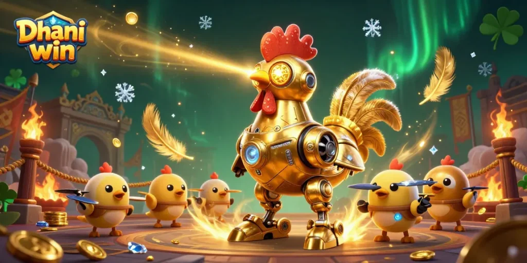 Dhani win dynamic gaming scene featuring a golden rooster robot and chick drones amidst coins and game elements