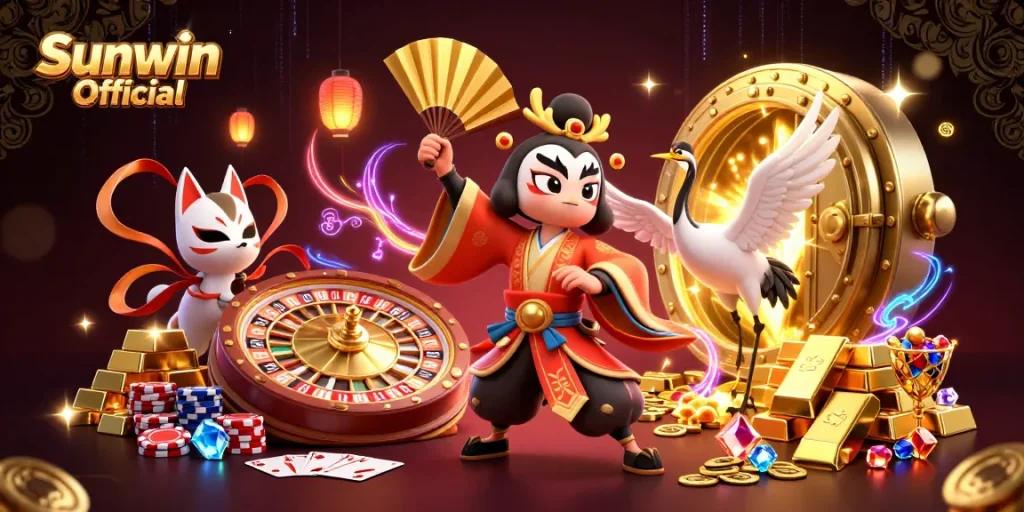 Experience the excitement at Sunwin Official with vibrant 3D casino characters amidst gold treasures and roulette.