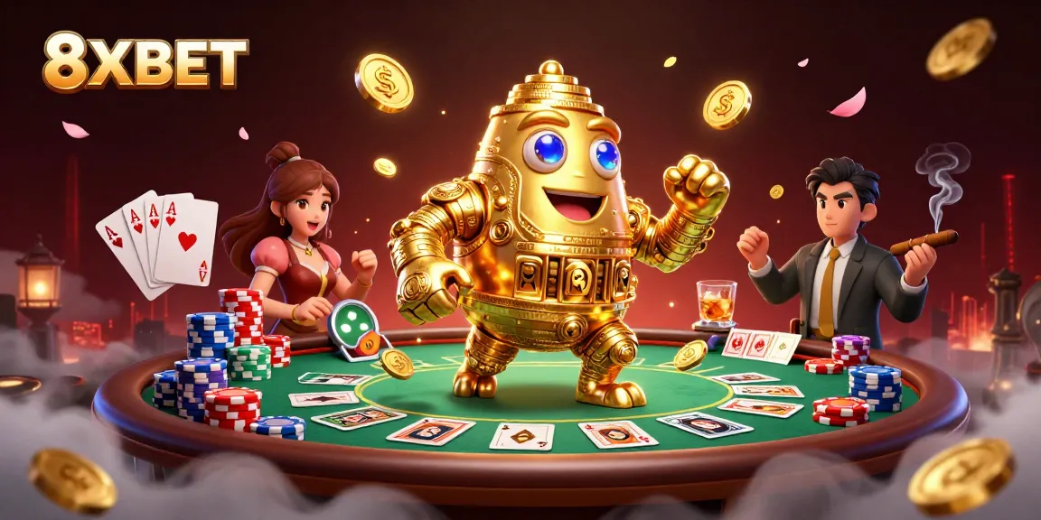 Engage with 8XBET's vibrant casino experience featuring a golden golem and poker elements.