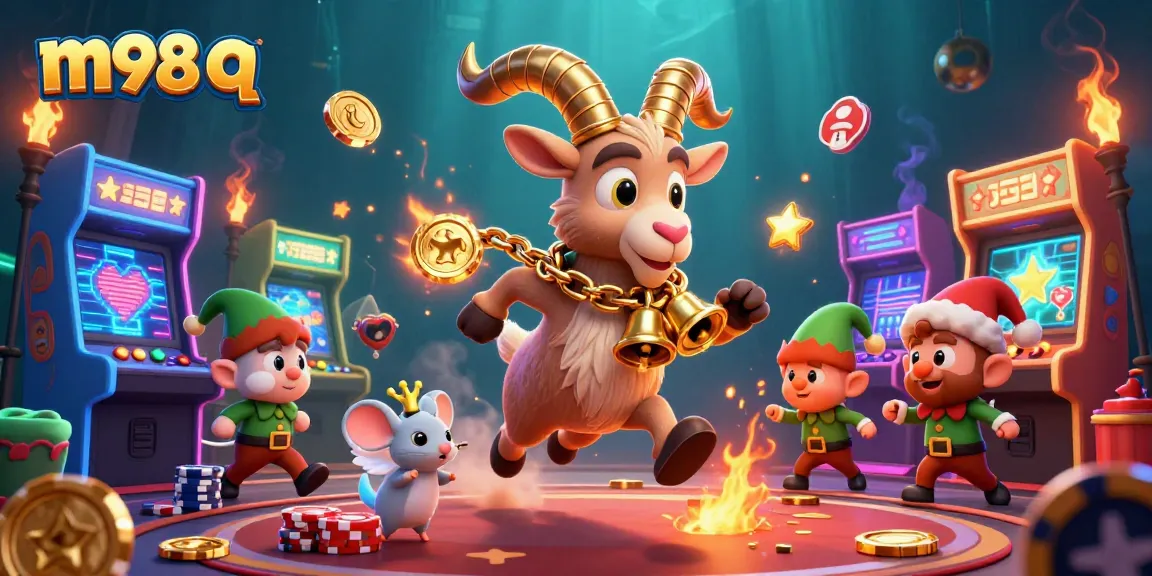 Engage with m98 q in a whimsical casino scene featuring Krampus, an angel mouse, and greedy elf gremlins.