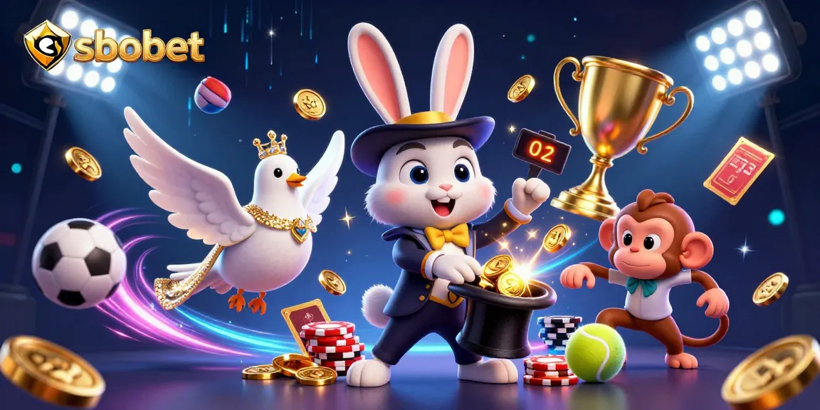 Bet on sbobet with a magical illustration featuring sports balls and vibrant casino elements.
