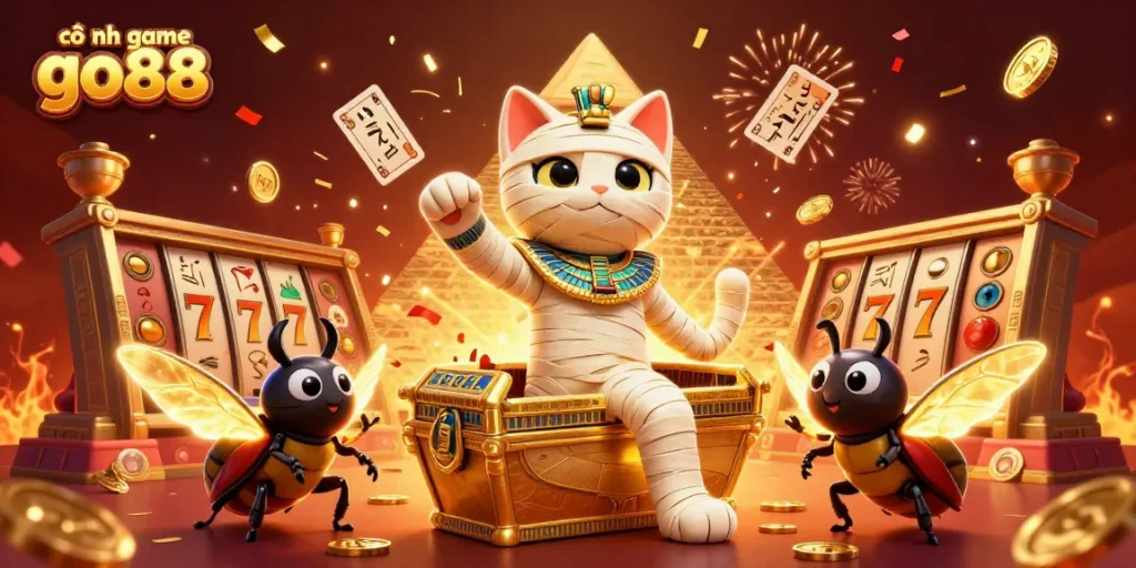Engage in thrilling action at cổng game go88 with an Egyptian mummy cat and vibrant casino elements.