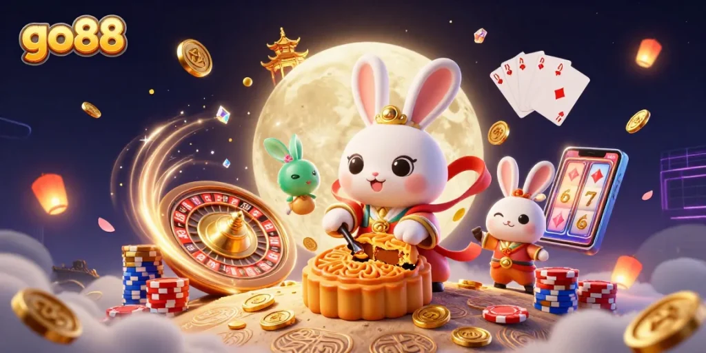 Experience a thrilling scene of go88's lunar rabbit casino adventure with poker chips and roulette elements.
