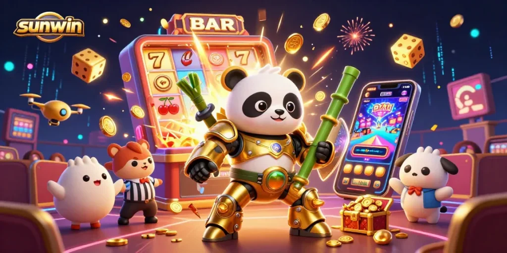Experience the thrilling sunwin casino action with a golden panda mech in a vibrant game setting.