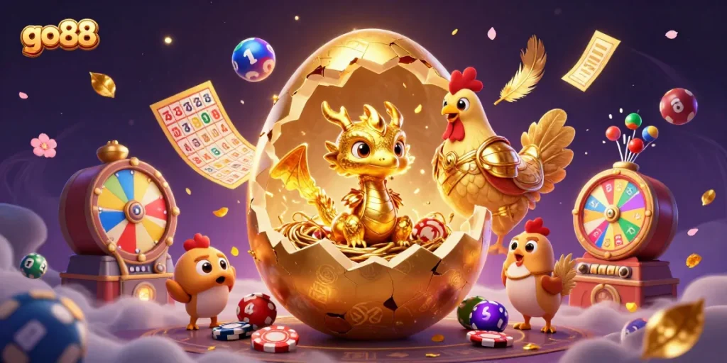 Experience excitement with go 88 as a golden dragon emerges from an egg amidst vibrant gaming elements.