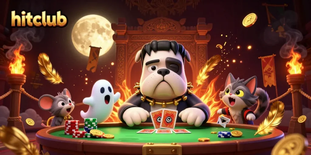 Hitclub casino scene featuring unique characters in a dynamic card game atmosphere.