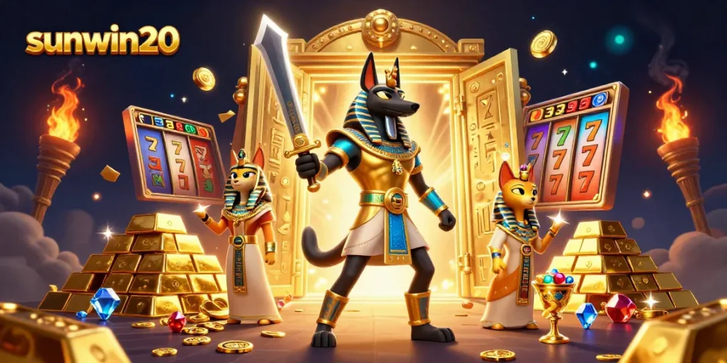 Experience the thrill of sunwin20 with Anubis and Bastet amidst dazzling slot games and gold treasures.