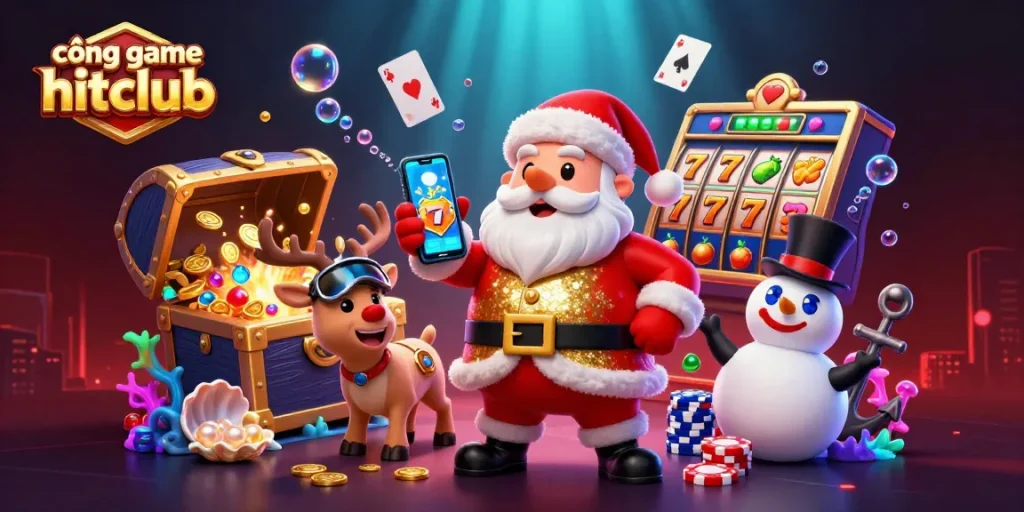Play thrilling games at cổng game hitclub with Santa and friends enjoying slots and treasures.